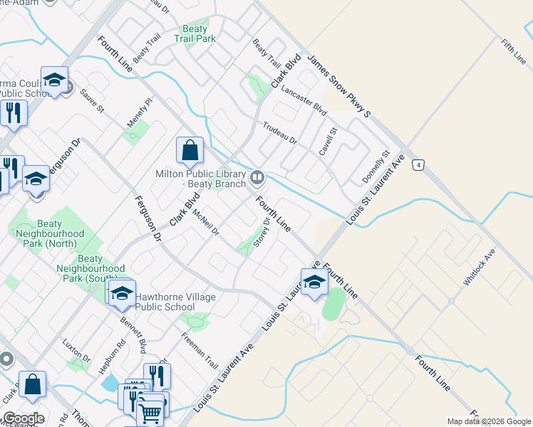 map of restaurants, bars, coffee shops, grocery stores, and more near 974 Fourth Line in Milton