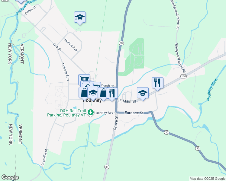 map of restaurants, bars, coffee shops, grocery stores, and more near 61 Beaman St in Poultney