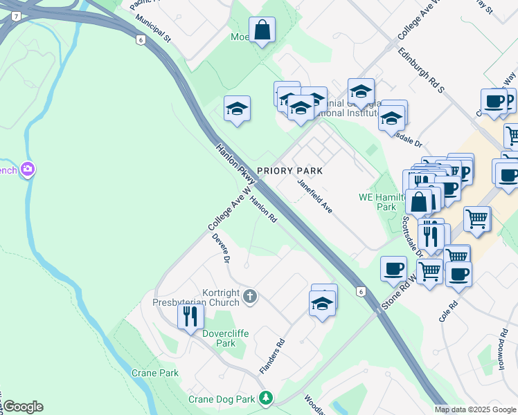 map of restaurants, bars, coffee shops, grocery stores, and more near 625 Hanlon Road in Guelph