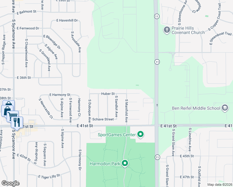 map of restaurants, bars, coffee shops, grocery stores, and more near Huber Street in Sioux Falls