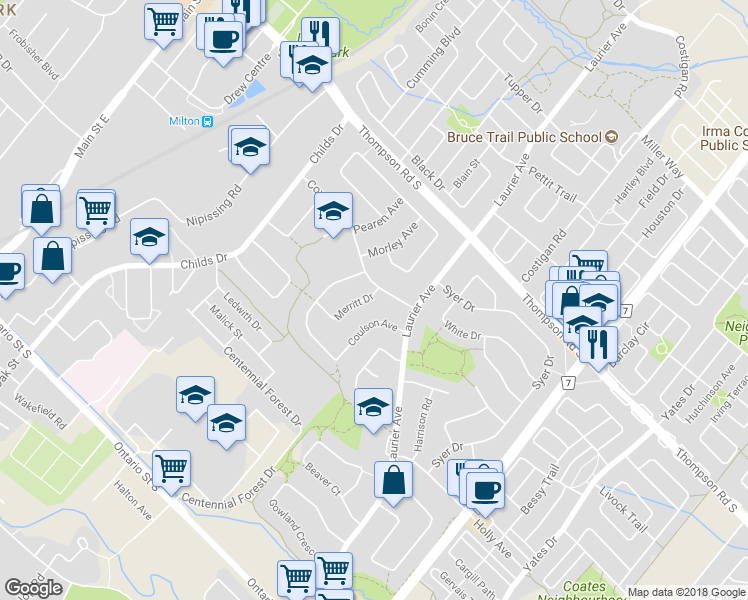 map of restaurants, bars, coffee shops, grocery stores, and more near 841 Merritt Drive in Milton
