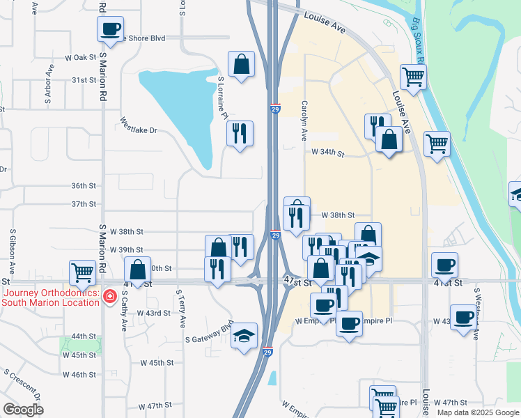map of restaurants, bars, coffee shops, grocery stores, and more near 4500 West 37th Street in Sioux Falls