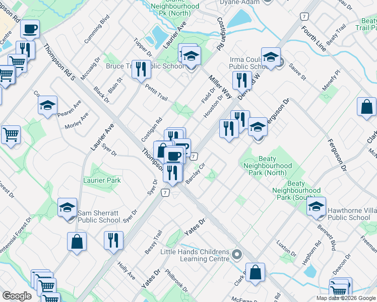 map of restaurants, bars, coffee shops, grocery stores, and more near 603 Willmott Crescent in Milton