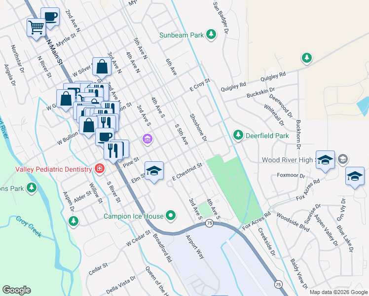 map of restaurants, bars, coffee shops, grocery stores, and more near 418 4th Avenue South in Hailey