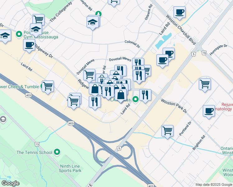 map of restaurants, bars, coffee shops, grocery stores, and more near 24-3170 Ridgeway Drive in Mississauga