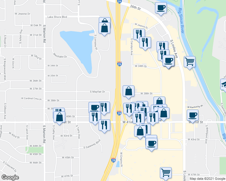 map of restaurants, bars, coffee shops, grocery stores, and more near 4500 West 37th Street in Sioux Falls