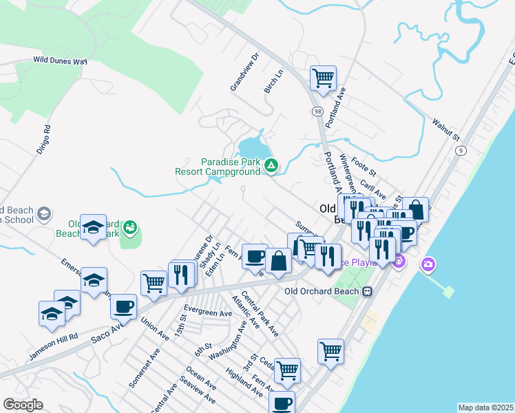 map of restaurants, bars, coffee shops, grocery stores, and more near 58 School St in Old Orchard Beach