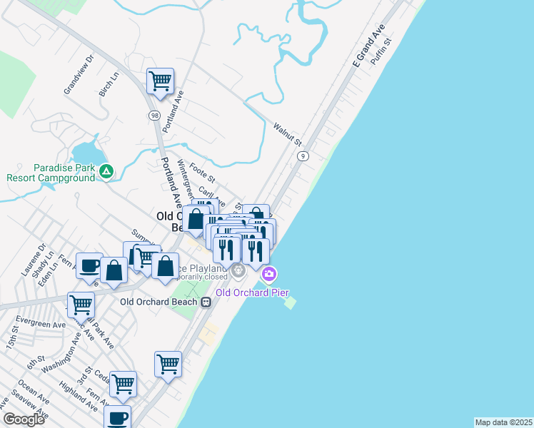 map of restaurants, bars, coffee shops, grocery stores, and more near 32 State Route 9 in Old Orchard Beach