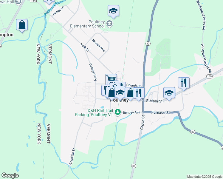 map of restaurants, bars, coffee shops, grocery stores, and more near 55 Depot St in Poultney
