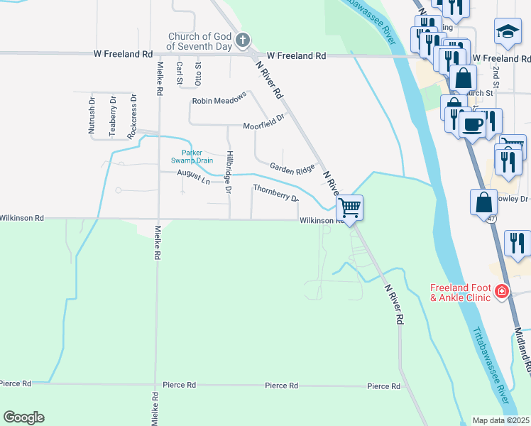 map of restaurants, bars, coffee shops, grocery stores, and more near 11170 Wilkinson Road in Freeland