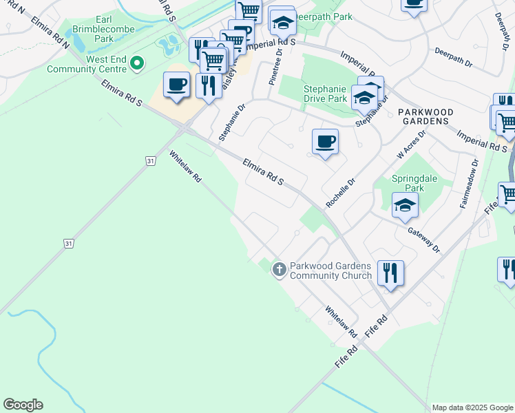 map of restaurants, bars, coffee shops, grocery stores, and more near 12 Shoemaker Crescent in Guelph
