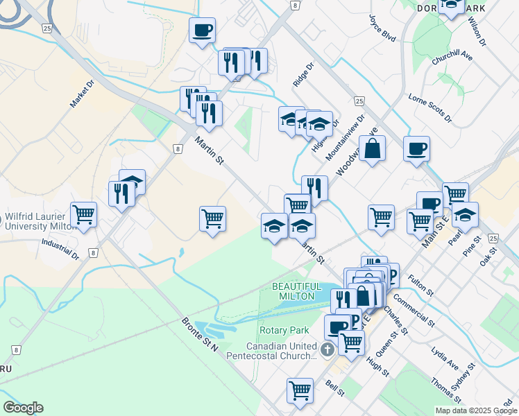 map of restaurants, bars, coffee shops, grocery stores, and more near 248 Martin Street in Milton