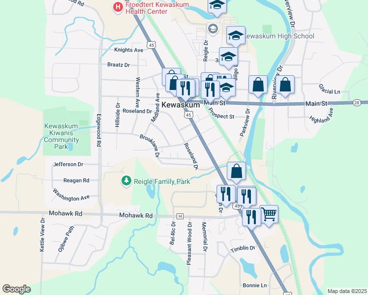 map of restaurants, bars, coffee shops, grocery stores, and more near 203 Clinton Street in Kewaskum
