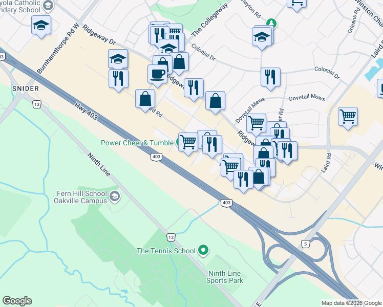 map of restaurants, bars, coffee shops, grocery stores, and more near 3550 Laird Road in Mississauga