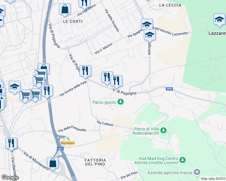 map of restaurants, bars, coffee shops, grocery stores, and more near 272 Via di Popogna in Livorno