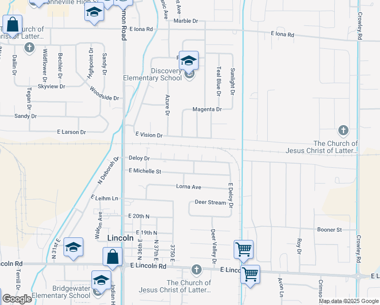 map of restaurants, bars, coffee shops, grocery stores, and more near 3789 Deloy Drive in Idaho Falls