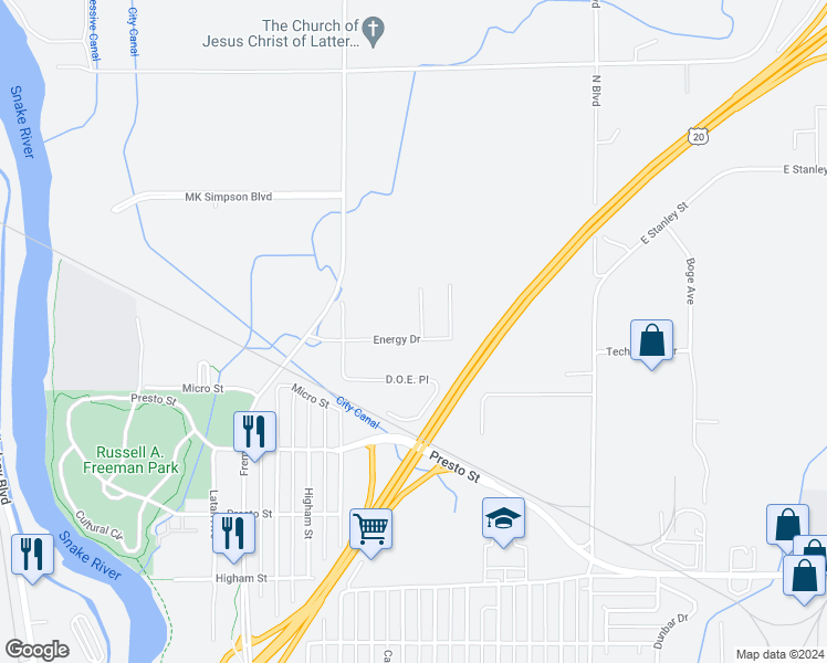 map of restaurants, bars, coffee shops, grocery stores, and more near 337 Energy Drive in Idaho Falls