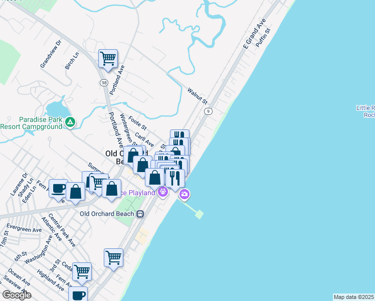 map of restaurants, bars, coffee shops, grocery stores, and more near 32 State Route 9 in Old Orchard Beach