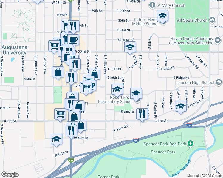 map of restaurants, bars, coffee shops, grocery stores, and more near 2908 South Phillips Avenue in Sioux Falls