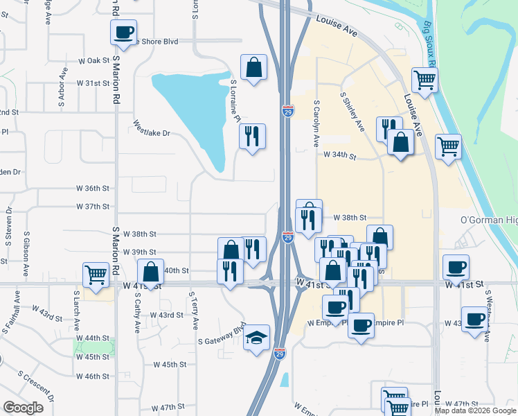 map of restaurants, bars, coffee shops, grocery stores, and more near 4500 West 37th Street in Sioux Falls