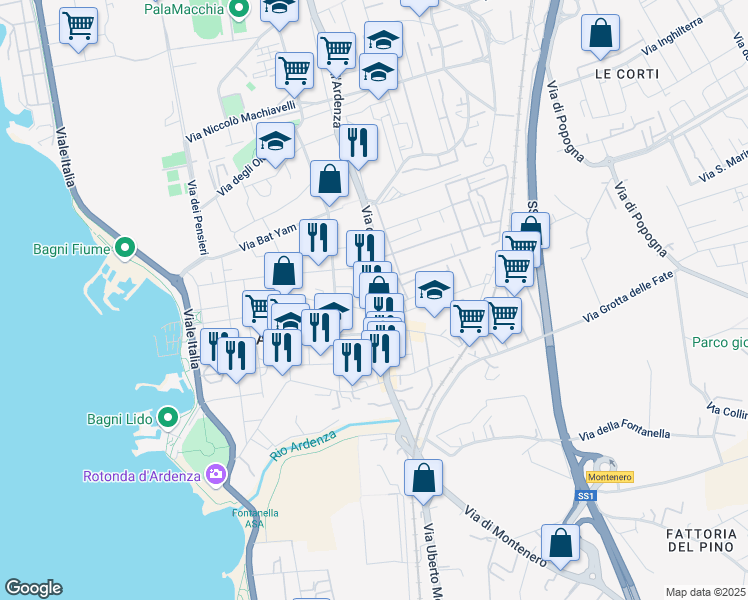 map of restaurants, bars, coffee shops, grocery stores, and more near 45 Via dell'Ardenza in Livorno