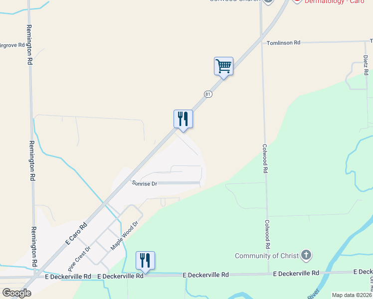 map of restaurants, bars, coffee shops, grocery stores, and more near 1800 Rails End Boulevard in Caro