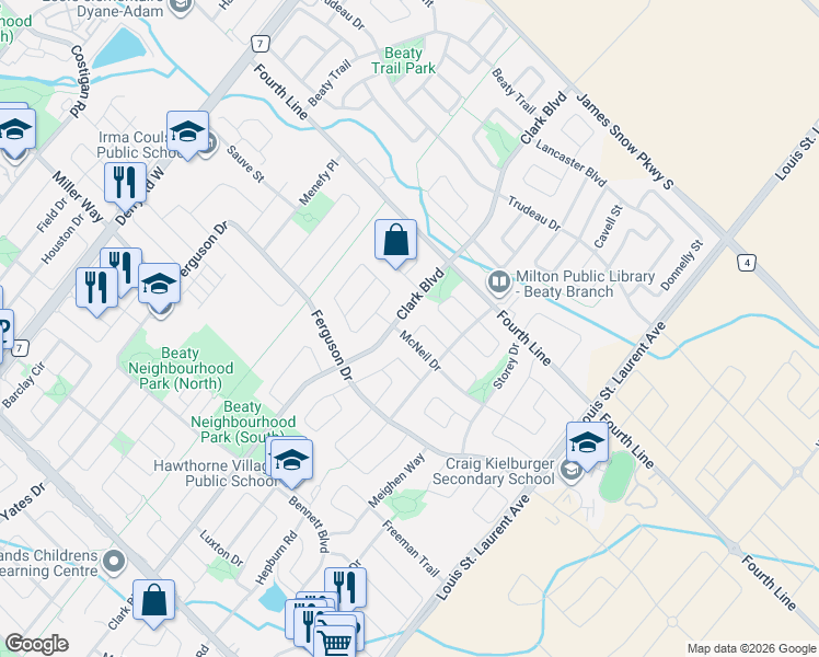map of restaurants, bars, coffee shops, grocery stores, and more near 993 Huffman Crescent in Milton