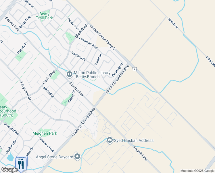 map of restaurants, bars, coffee shops, grocery stores, and more near 1090 Trudeau Drive in Milton