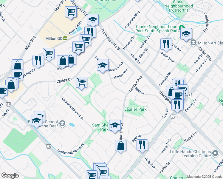map of restaurants, bars, coffee shops, grocery stores, and more near 841 Merritt Drive in Milton