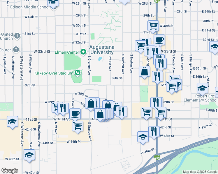 map of restaurants, bars, coffee shops, grocery stores, and more near 2909 South Prairie Avenue in Sioux Falls