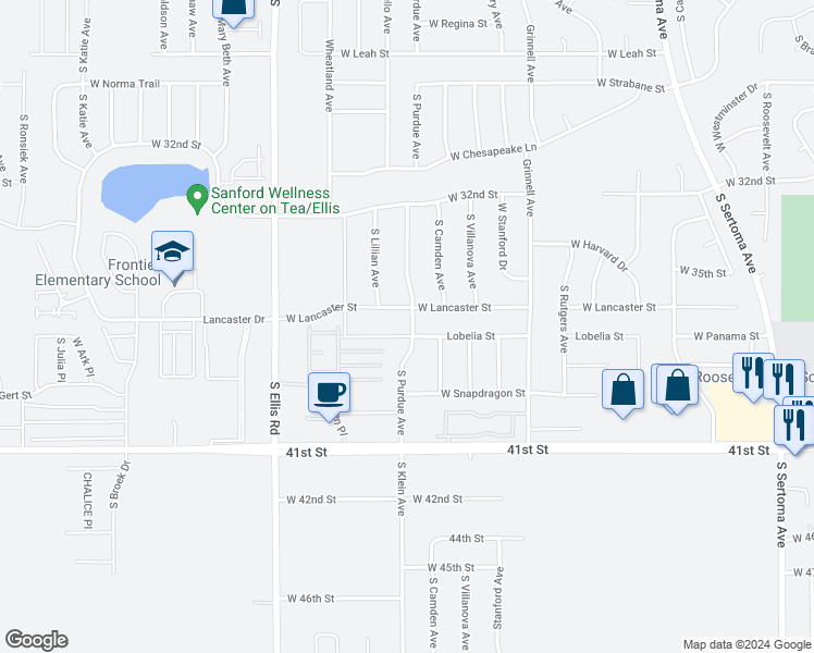 map of restaurants, bars, coffee shops, grocery stores, and more near 7813 West Lobelia Street in Sioux Falls