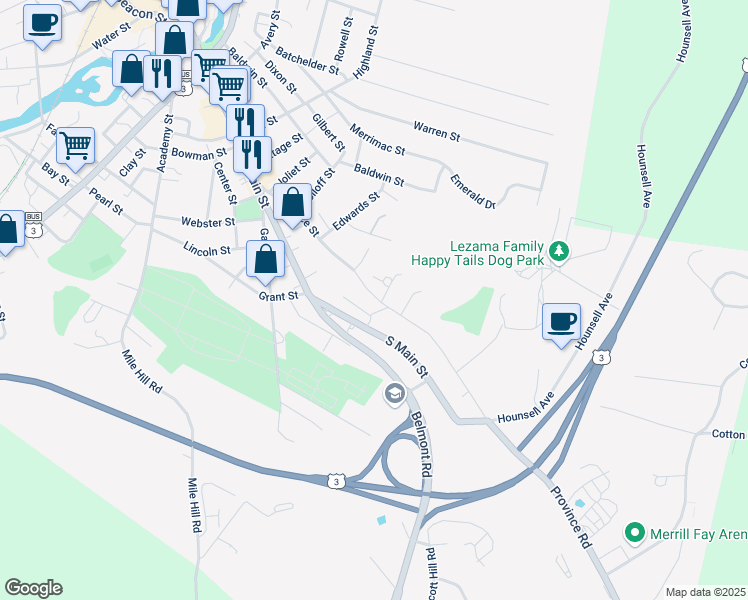 map of restaurants, bars, coffee shops, grocery stores, and more near 145 Province Street in Laconia