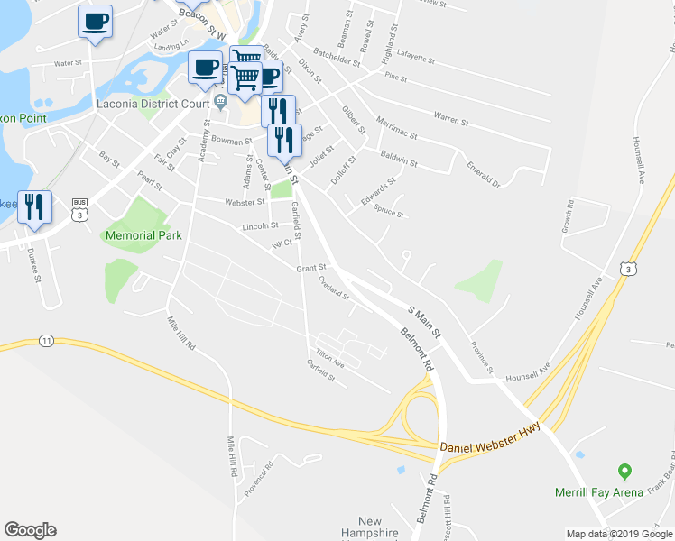 map of restaurants, bars, coffee shops, grocery stores, and more near 1 Belmont Road in Laconia