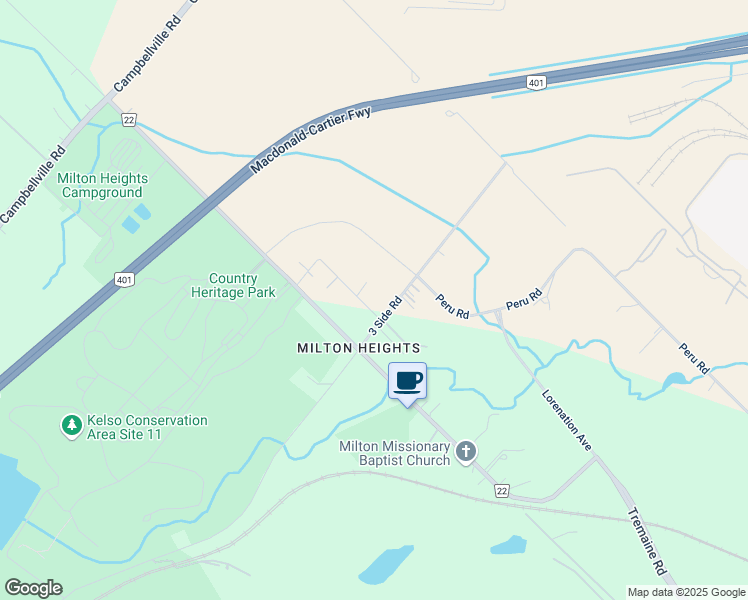 map of restaurants, bars, coffee shops, grocery stores, and more near 8 3 Side Road in Milton
