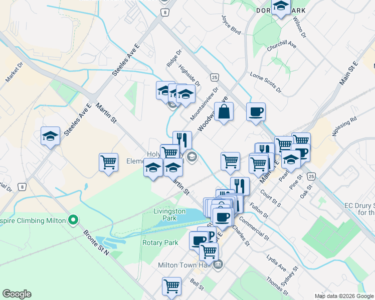 map of restaurants, bars, coffee shops, grocery stores, and more near 292 Woodward Avenue in Milton
