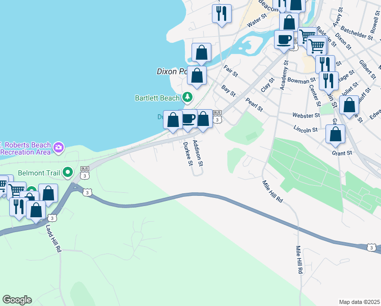 map of restaurants, bars, coffee shops, grocery stores, and more near 30 Durkee Street in Laconia