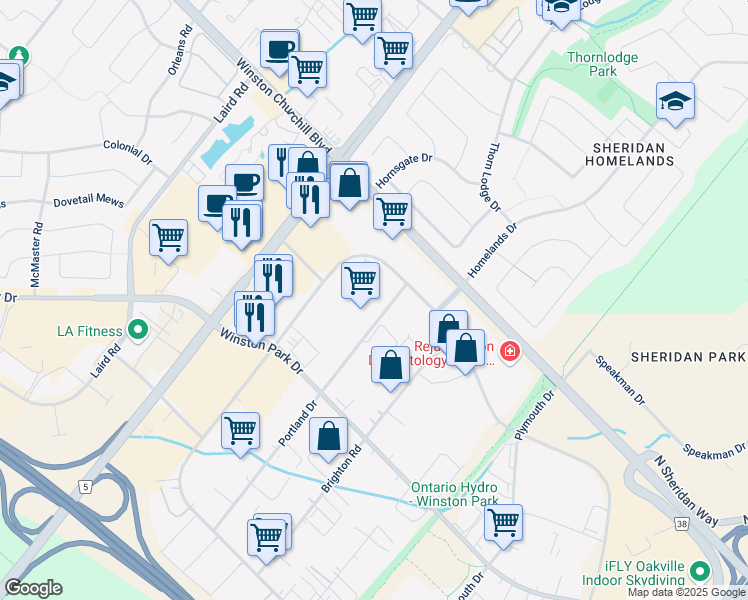 map of restaurants, bars, coffee shops, grocery stores, and more near 2939 Portland Drive in Oakville