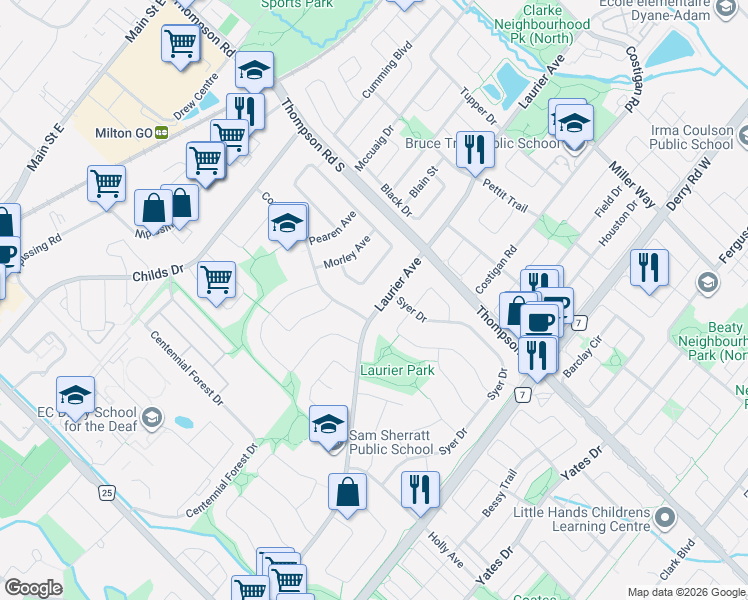 map of restaurants, bars, coffee shops, grocery stores, and more near 833 Laurier Avenue in Milton