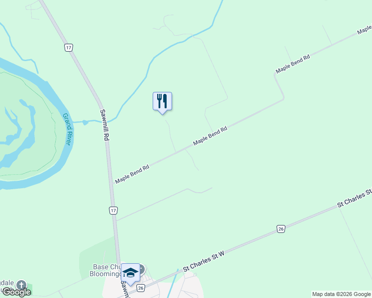 map of restaurants, bars, coffee shops, grocery stores, and more near 1492 Maple Bend Road in Waterloo