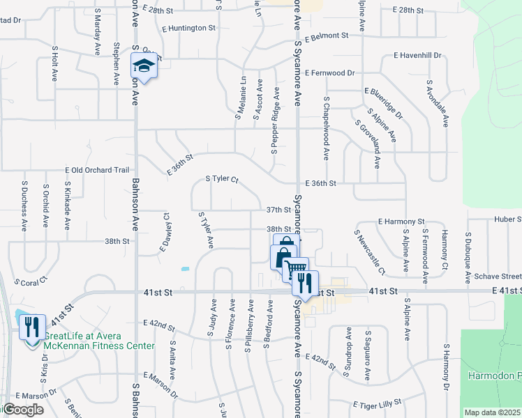 map of restaurants, bars, coffee shops, grocery stores, and more near 3198 South Tyler Court in Sioux Falls
