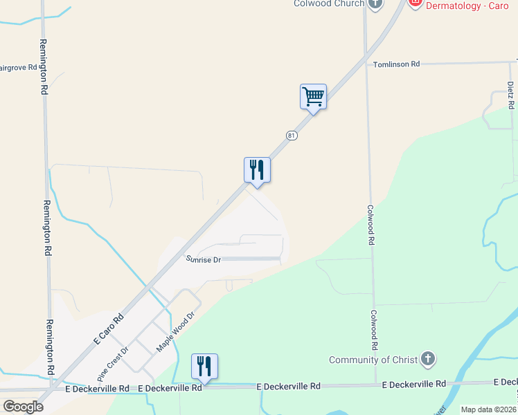 map of restaurants, bars, coffee shops, grocery stores, and more near 1800 Rails End Boulevard in Caro