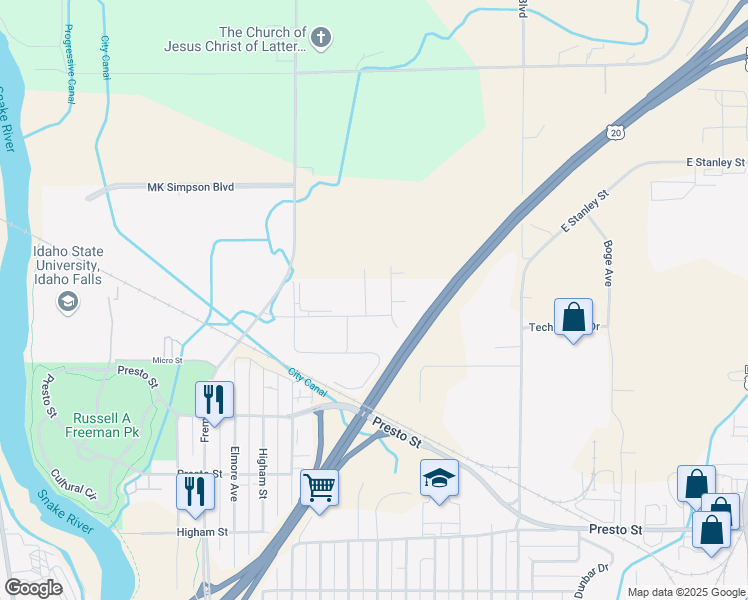 map of restaurants, bars, coffee shops, grocery stores, and more near 6579 East 113 North in Idaho Falls