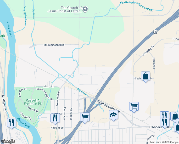 map of restaurants, bars, coffee shops, grocery stores, and more near 337 Energy Drive in Idaho Falls