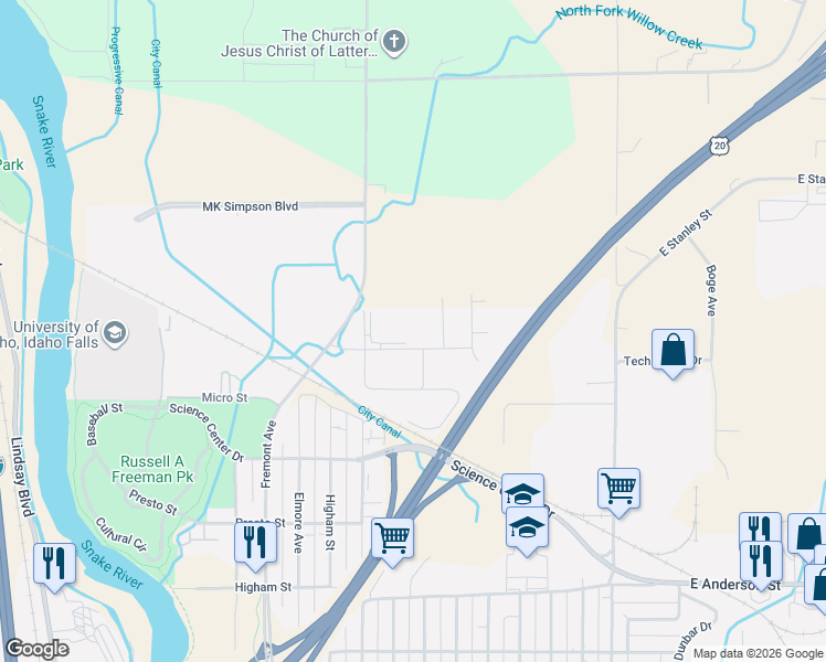 map of restaurants, bars, coffee shops, grocery stores, and more near 337 Energy Drive in Idaho Falls