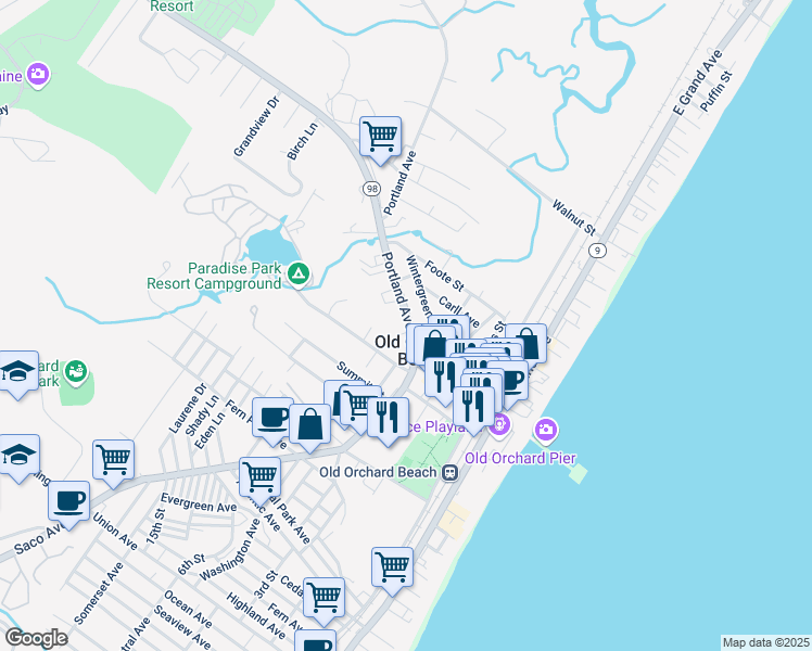 map of restaurants, bars, coffee shops, grocery stores, and more near 10 B Street in Old Orchard Beach