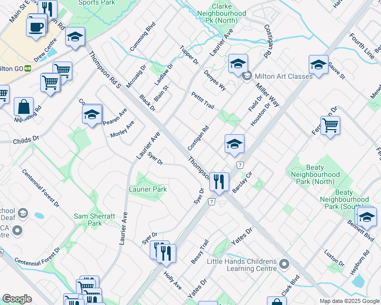 map of restaurants, bars, coffee shops, grocery stores, and more near 848 Syer Drive in Milton