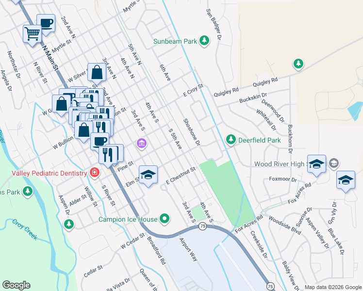 map of restaurants, bars, coffee shops, grocery stores, and more near 418 4th Avenue South in Hailey