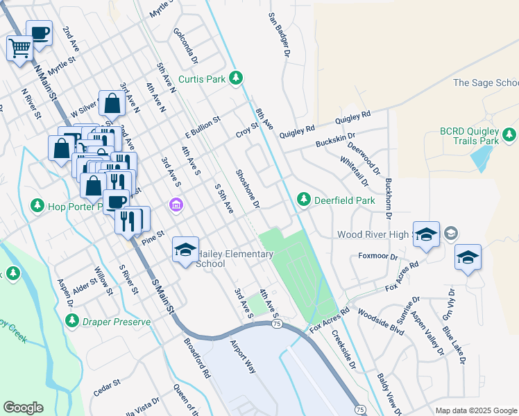 map of restaurants, bars, coffee shops, grocery stores, and more near 499 Eureka Dr in Hailey
