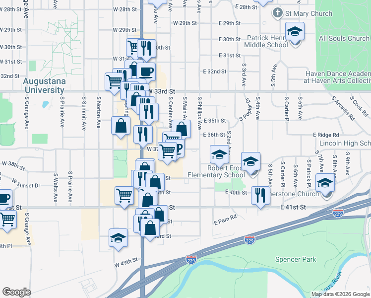 map of restaurants, bars, coffee shops, grocery stores, and more near 2898 South Main Avenue in Sioux Falls