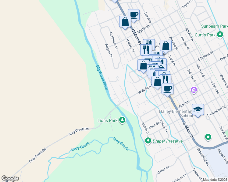 map of restaurants, bars, coffee shops, grocery stores, and more near Little Indio Ln in Hailey